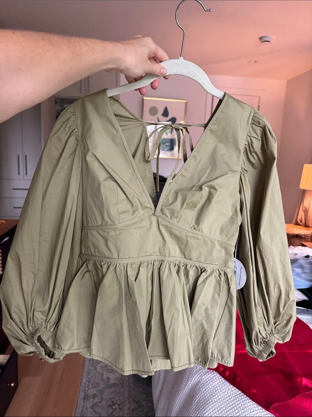 STAUD Olive Green V-Neck Peplum Blouse with Tie-Back